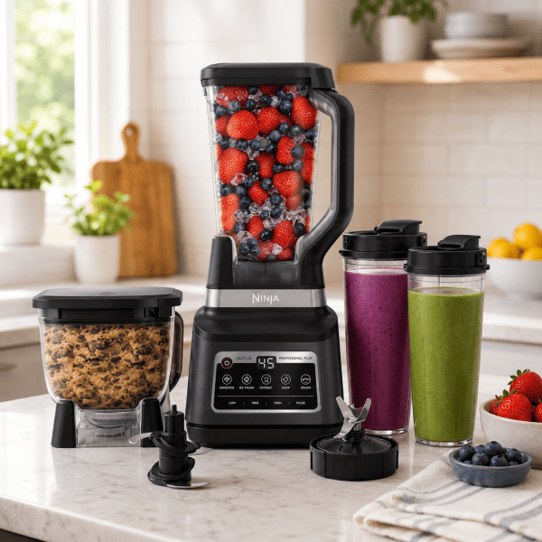 Ninja Professional Plus Blender & Food Processor System with pitcher, processor bowl, and single-serve cups for kitchen meal prep