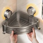 no-drill triangle shower storage basket for shampoo soap razors and bathroom corner organization