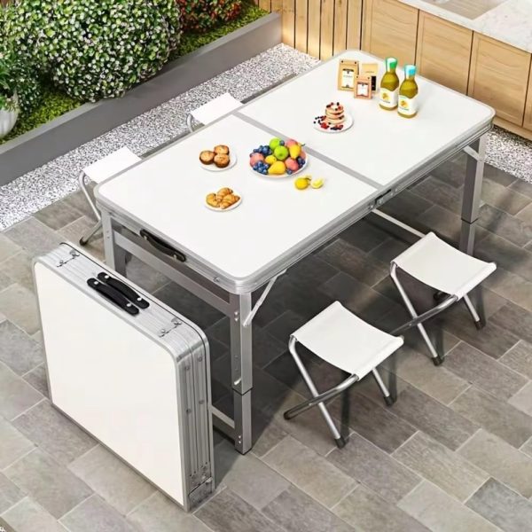 Portable adjustable folding camp table used for camping, picnics, tailgating, patios, and outdoor meals