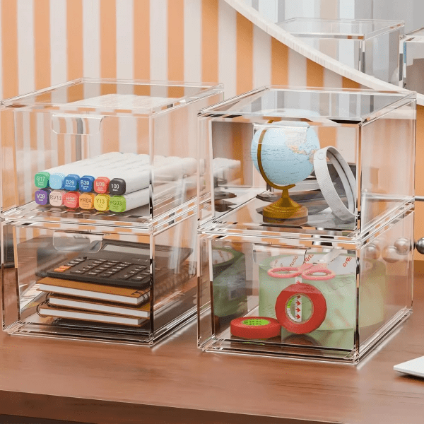 Clear stackable acrylic organizer bins for visible home storage and organization