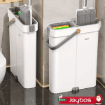 Ultra-slim flat mop and bucket set with hands-free wash and dry system