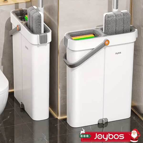 Ultra-slim flat mop and bucket set with hands-free wash and dry system