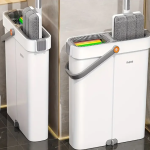 Ultra-slim flat mop and bucket set with hands-free wash and dry system