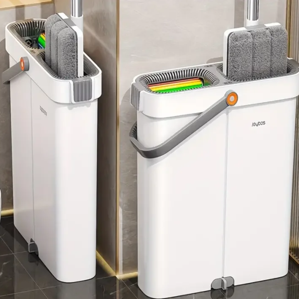Ultra-slim flat mop and bucket set with hands-free wash and dry system
