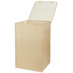 Brown foldable laundry hamper with fitted lid and carry handles