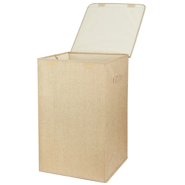 Brown foldable laundry hamper with fitted lid and carry handles