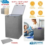Brown foldable laundry hamper shown with fitted lid opened